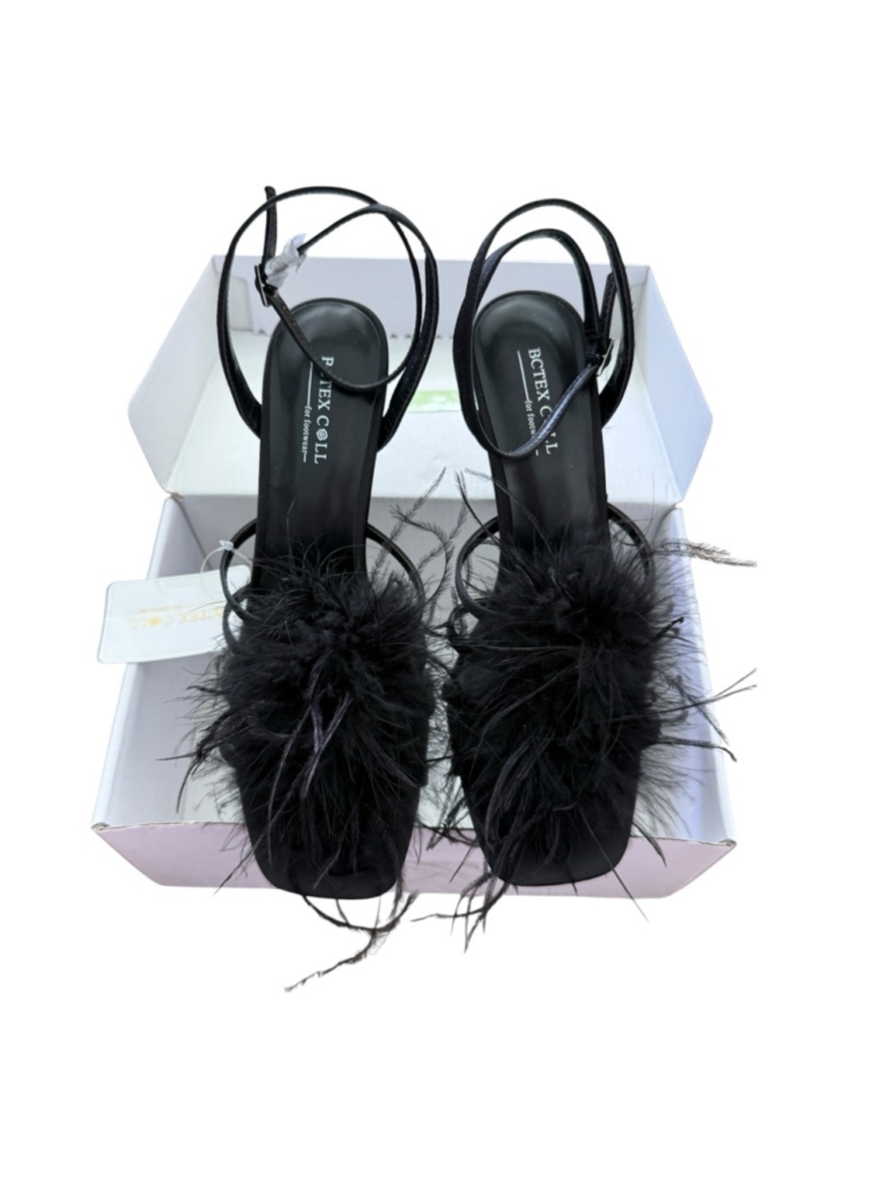 BCTEX COLL Feather Heels Black Satin Sandals Size 8.5 NWT Glam Party Shoes - Picture 2 of 7